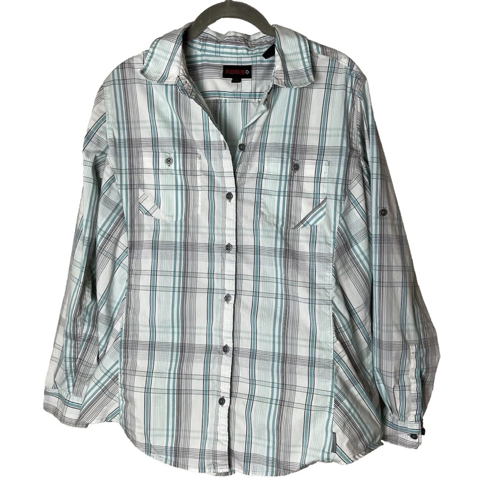 Wolverine Women's Shirt Size Large 3/4 Roll-Tab Sleeves Plaid Blue Gray White